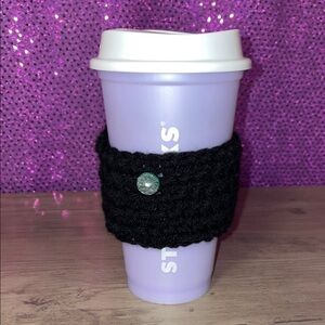 Black Crochet Cup Sleeve with Blue Sparkle Button